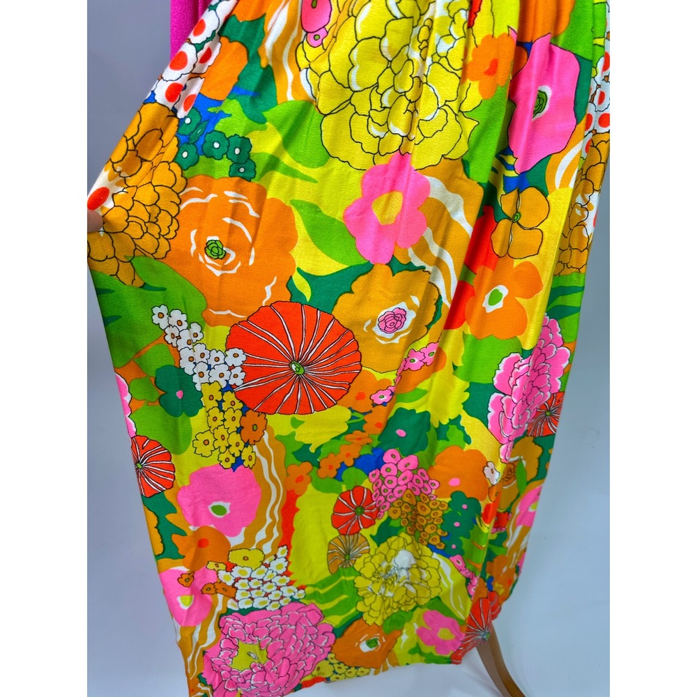 Vintage 1960s Pink Floral Maxi Dress Mod Psychedelic Long Sleeve Retro 60s - Picture 7 of 10